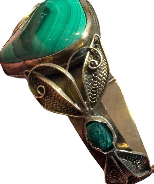 Vintage mid century filagree Green Malachite Statement Bracelet hinged  bangle