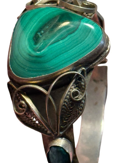 Vintage mid century filagree Green Malachite Statement Bracelet hinged  bangle
