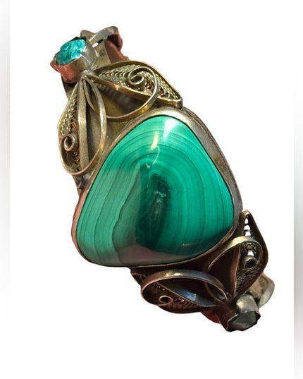 Vintage mid century filagree Green Malachite Statement Bracelet hinged  bangle