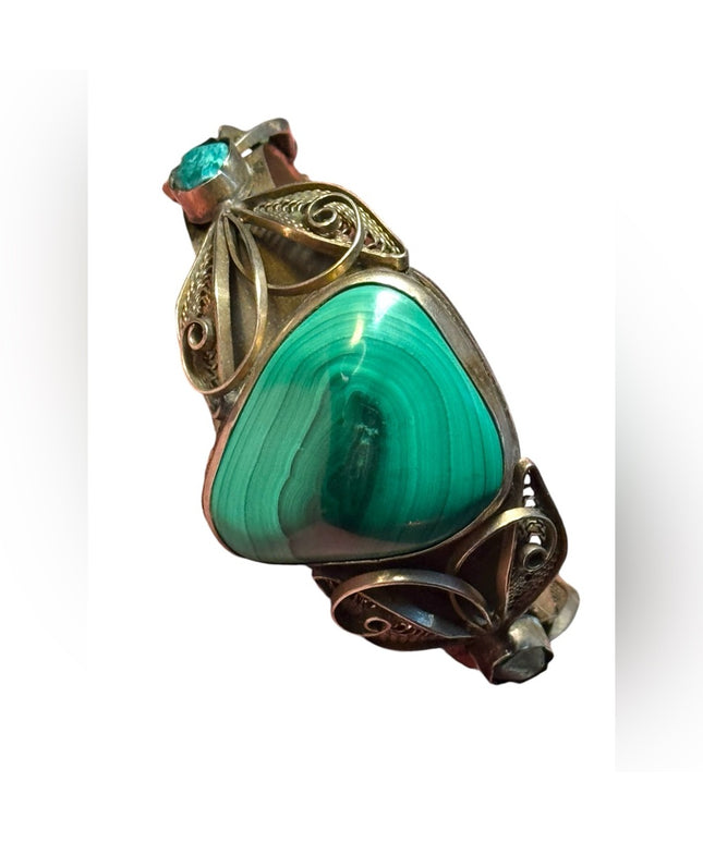 Vintage mid century filagree Green Malachite Statement Bracelet hinged  bangle