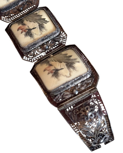 ANTIQUE CHINESE EXPORT OX BONE RED BIRD 800 SILVER FILIGREE SCRIMSHAW BRACELET