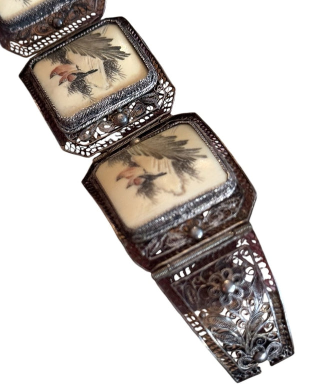 ANTIQUE CHINESE EXPORT OX BONE RED BIRD 800 SILVER FILIGREE SCRIMSHAW BRACELET