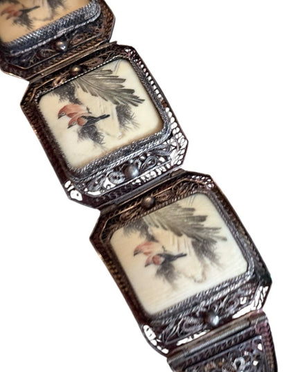 ANTIQUE CHINESE EXPORT OX BONE RED BIRD 800 SILVER FILIGREE SCRIMSHAW BRACELET