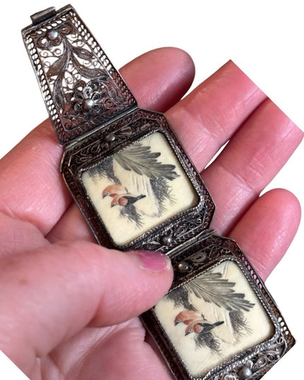ANTIQUE CHINESE EXPORT OX BONE RED BIRD 800 SILVER FILIGREE SCRIMSHAW BRACELET