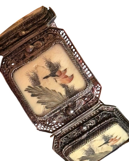 ANTIQUE CHINESE EXPORT OX BONE RED BIRD 800 SILVER FILIGREE SCRIMSHAW BRACELET