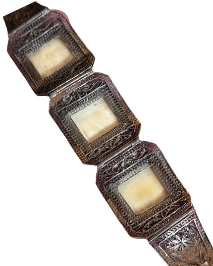 ANTIQUE CHINESE EXPORT OX BONE RED BIRD 800 SILVER FILIGREE SCRIMSHAW BRACELET