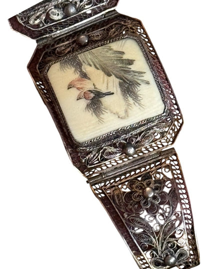 ANTIQUE CHINESE EXPORT OX BONE RED BIRD 800 SILVER FILIGREE SCRIMSHAW BRACELET