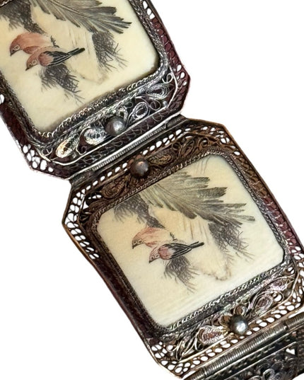 ANTIQUE CHINESE EXPORT OX BONE RED BIRD 800 SILVER FILIGREE SCRIMSHAW BRACELET