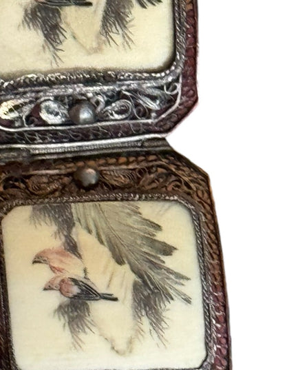 ANTIQUE CHINESE EXPORT OX BONE RED BIRD 800 SILVER FILIGREE SCRIMSHAW BRACELET