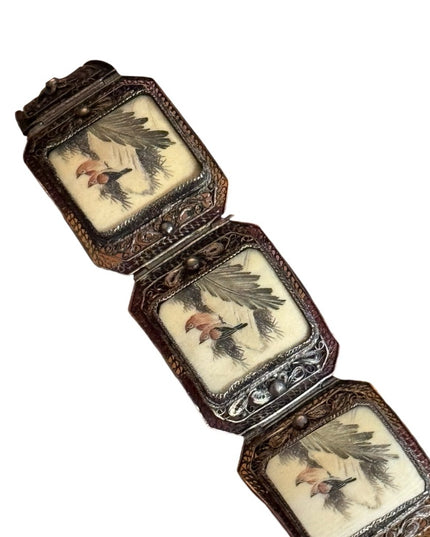 ANTIQUE CHINESE EXPORT OX BONE RED BIRD 800 SILVER FILIGREE SCRIMSHAW BRACELET