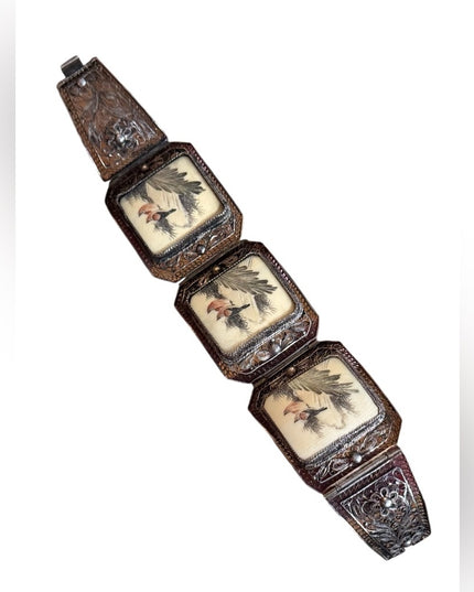 ANTIQUE CHINESE EXPORT OX BONE RED BIRD 800 SILVER FILIGREE SCRIMSHAW BRACELET