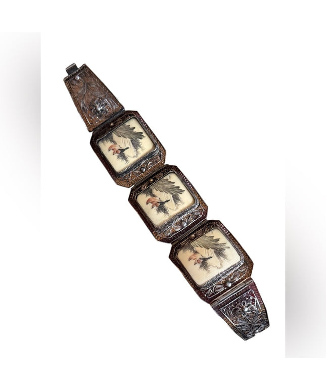 ANTIQUE CHINESE EXPORT OX BONE RED BIRD 800 SILVER FILIGREE SCRIMSHAW BRACELET