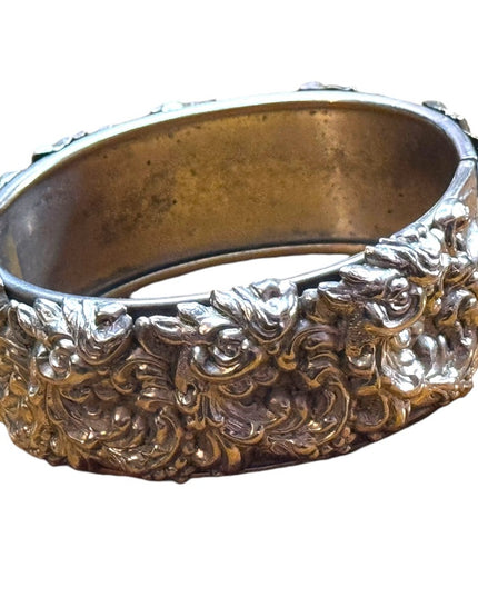 Elegant floral Victorian revival hollow Silver plate latched bangle Bracelet