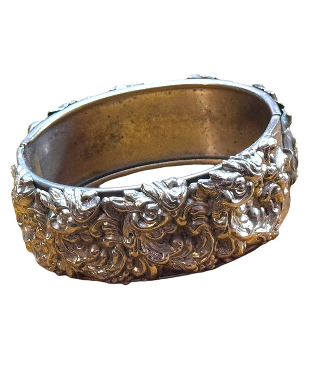 Elegant floral Victorian revival hollow Silver plate latched bangle Bracelet