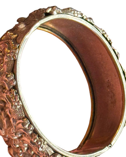 Elegant floral Victorian revival hollow Silver plate latched bangle Bracelet