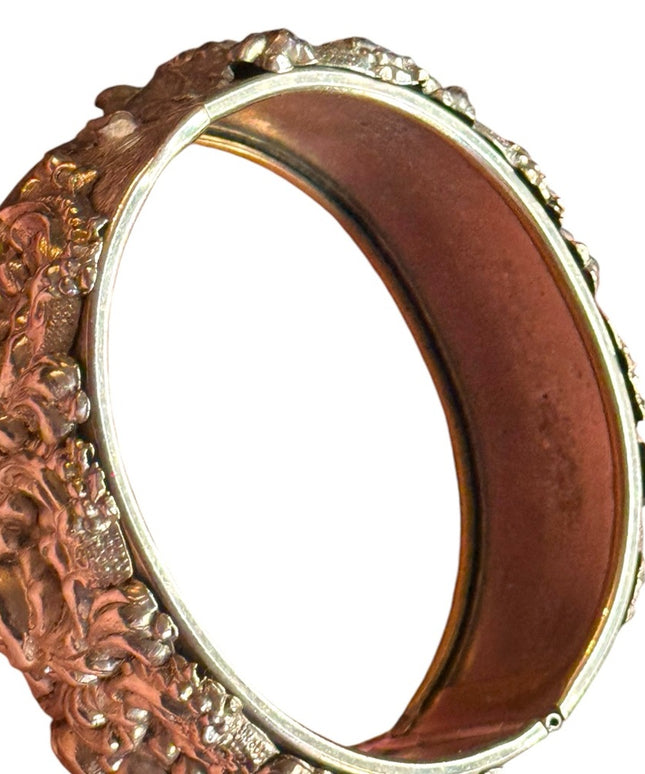 Elegant floral Victorian revival hollow Silver plate latched bangle Bracelet