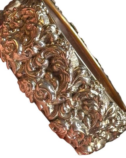 Elegant floral Victorian revival hollow Silver plate latched bangle Bracelet