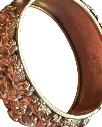Elegant floral Victorian revival hollow Silver plate latched bangle Bracelet