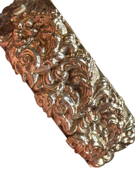 Elegant floral Victorian revival hollow Silver plate latched bangle Bracelet