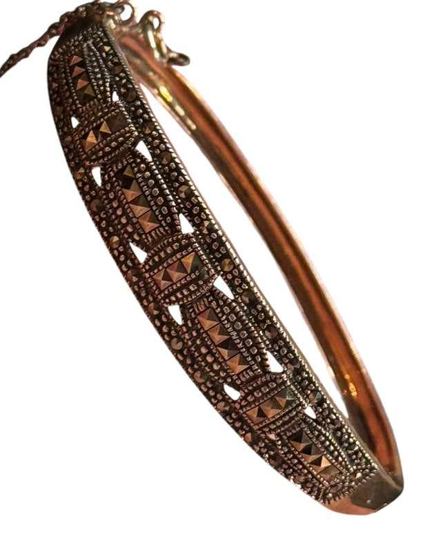 Elegant sterling silver 925 Thailand marcasite latched  Bangle Bracelet