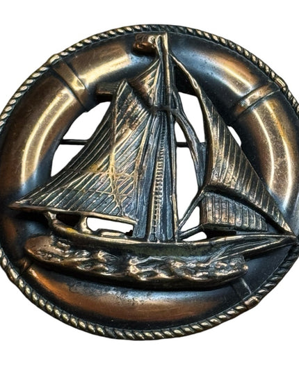 Vintage antiqued copper round Nautical sailboat Bronzed Brooch