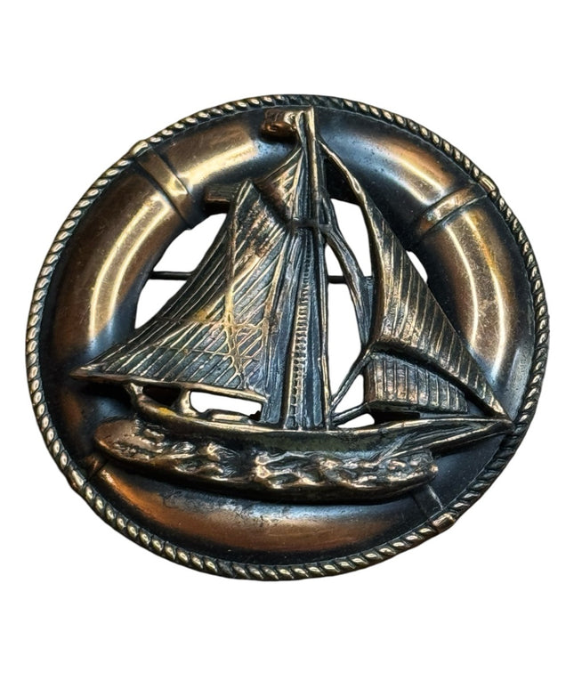 Vintage antiqued copper round Nautical sailboat Bronzed Brooch