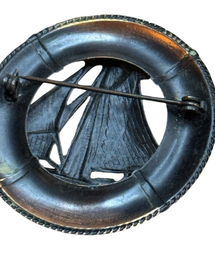 Vintage antiqued copper round Nautical sailboat Bronzed Brooch