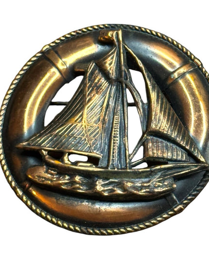 Vintage antiqued copper round Nautical sailboat Bronzed Brooch