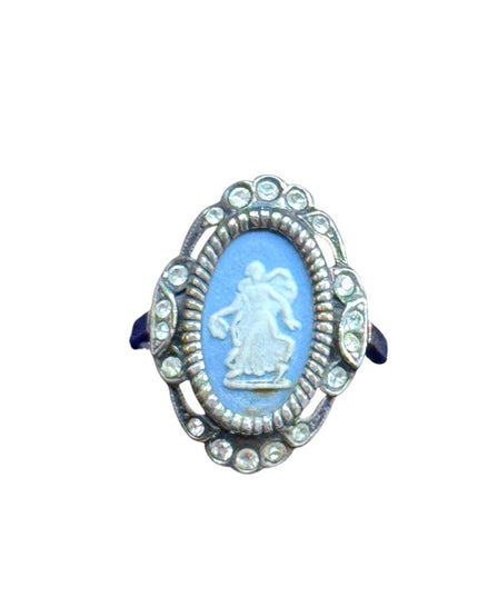 Vintage 1960s Sterling silver 925 Elegant Blue wedgewood jasperware Cameo Ring