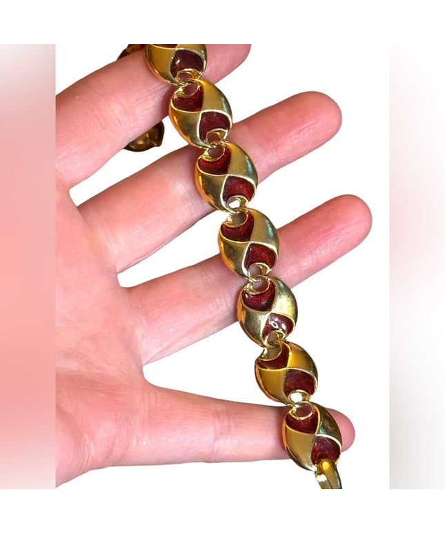 Vintage JBK Camrose & Cross Gold plt enameled Red Enamel Bracelet
