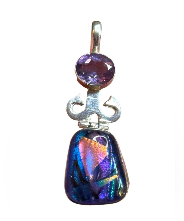 Elegant sterling silver 925 Dichroic glass Purple amethyst Multicolor Pendant