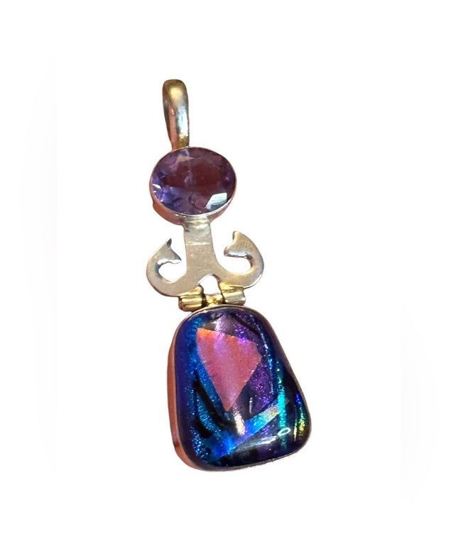 Elegant sterling silver 925 Dichroic glass Purple amethyst Multicolor Pendant
