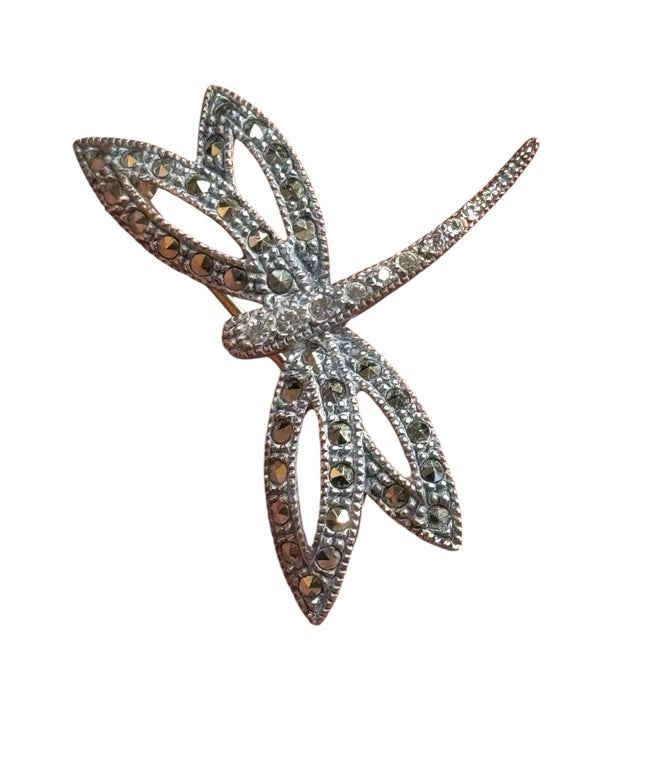 Vintage sterling silver 925 Sparkling marcasite  Dragonfly Brooch