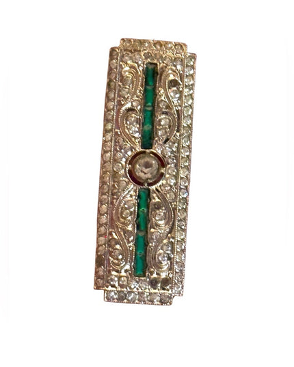 Elegant antique crystal silver green bar brooch art deco 1920s