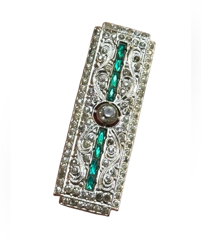 Elegant antique crystal silver green bar brooch art deco 1920s