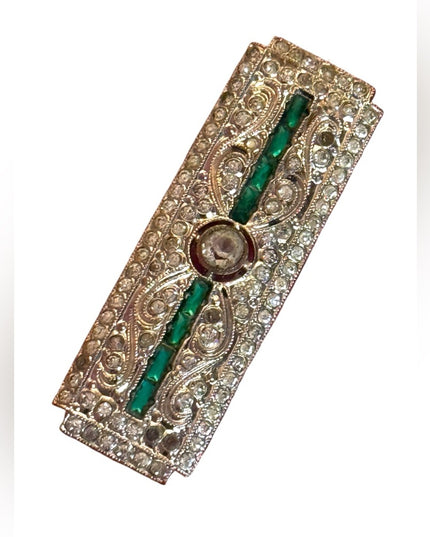 Elegant antique crystal silver green bar brooch art deco 1920s