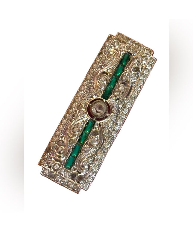 Elegant antique crystal silver green bar brooch art deco 1920s
