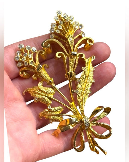 Elegant large gold plt Gold plated IVANA floral rhinestone brooch