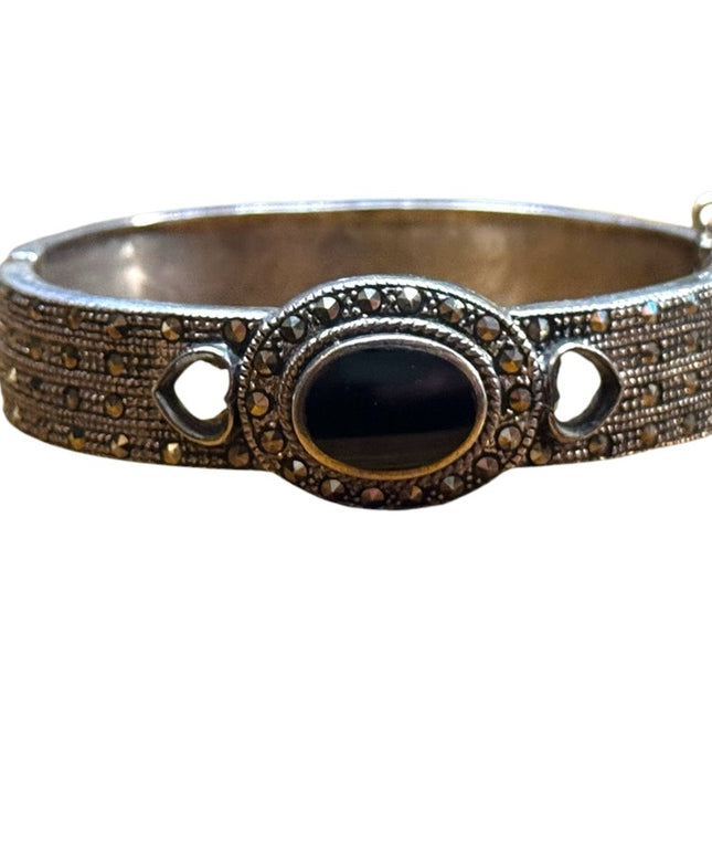 vintage sterling Silver 925 latched bangle Bracelet with Black onyx marcasite