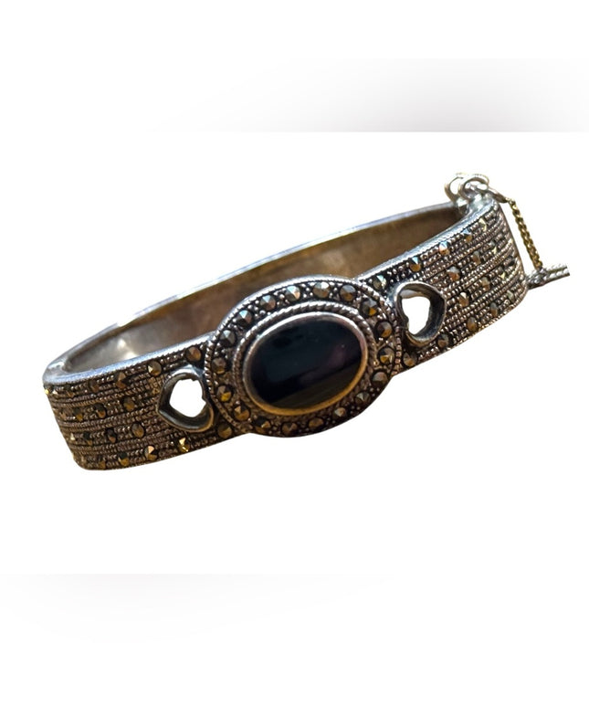 vintage sterling Silver 925 latched bangle Bracelet with Black onyx marcasite