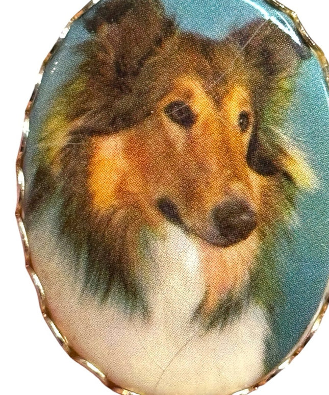Vintage Collie Dog gold finish Portrait Brooch - Multicolor oval