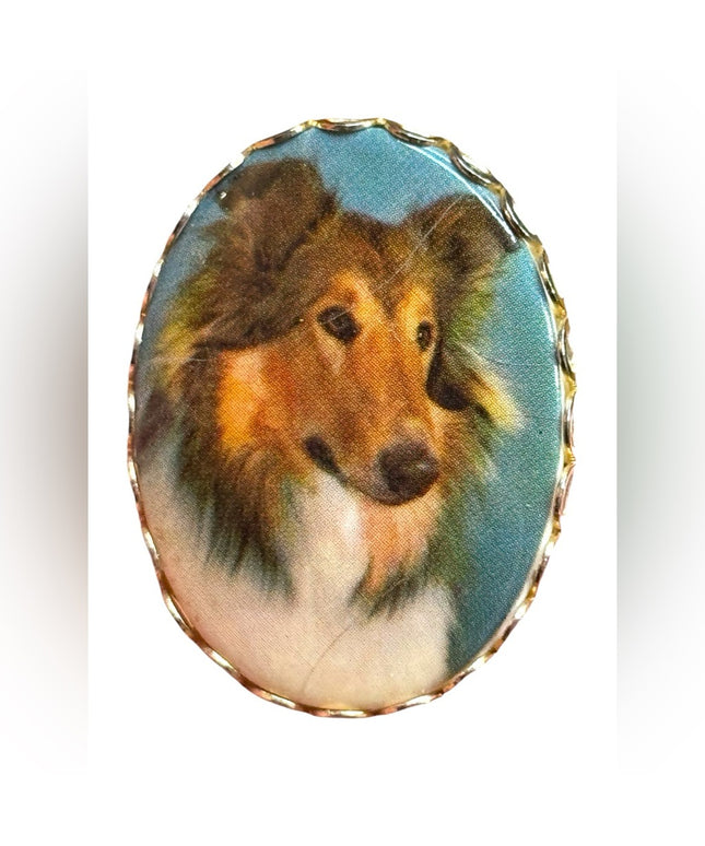 Vintage Collie Dog gold finish Portrait Brooch - Multicolor oval