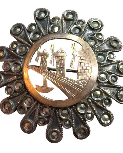 Antique sterling Silver 925 marcasite ornate Windmill Brooch