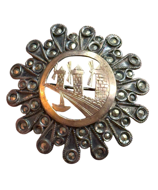 Antique sterling Silver 925 marcasite ornate Windmill Brooch