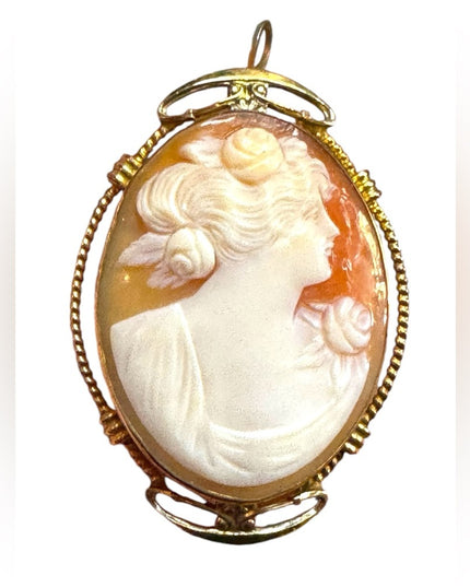 Vintage 12k GF gold carved ahell Cameo Brooch pendant