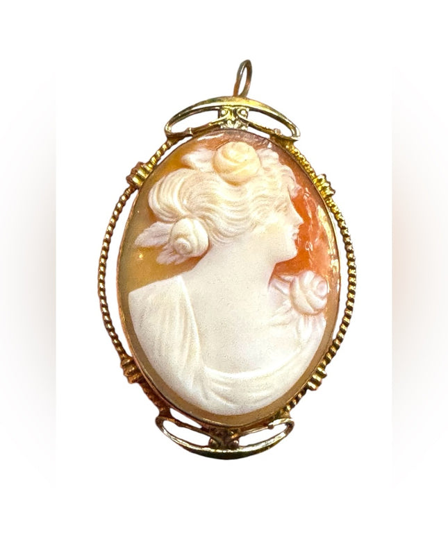 Vintage 12k GF gold carved ahell Cameo Brooch pendant