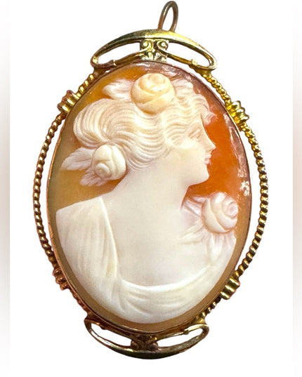 Vintage 12k GF gold carved ahell Cameo Brooch pendant