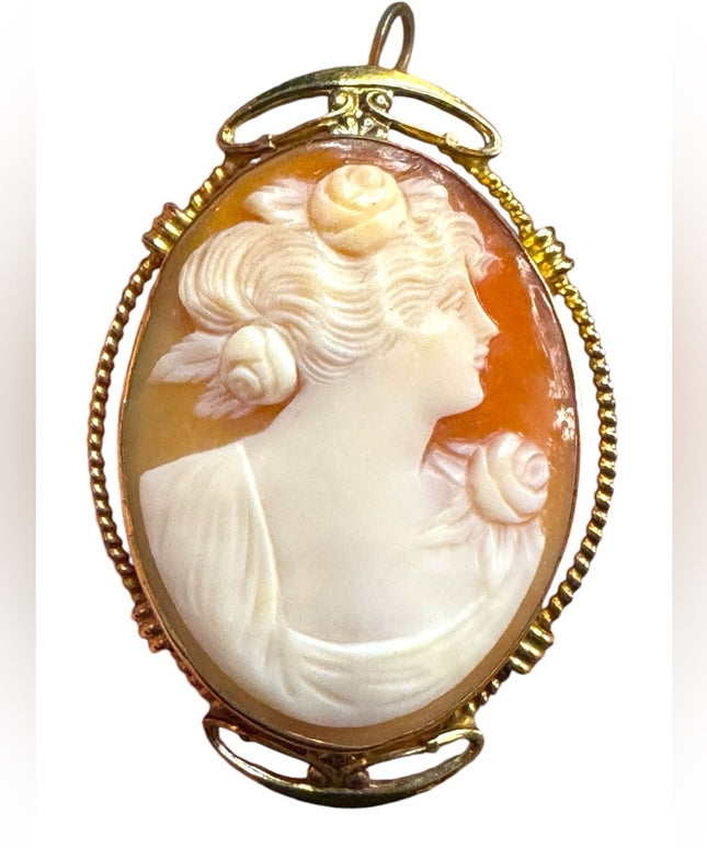 Vintage 12k GF gold carved ahell Cameo Brooch pendant
