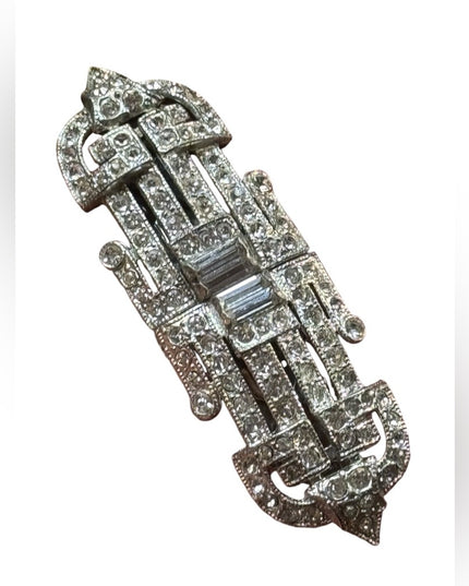 Silver Antique  Rhinestone Art Deco crystal Brooch duo duet  Women's