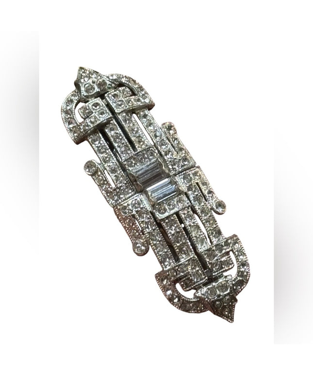 Silver Antique  Rhinestone Art Deco crystal Brooch duo duet  Women's